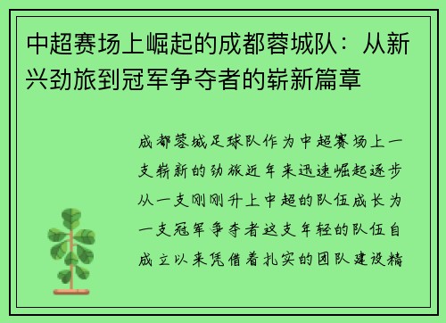 中超赛场上崛起的成都蓉城队：从新兴劲旅到冠军争夺者的崭新篇章