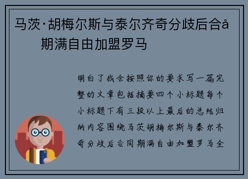 马茨·胡梅尔斯与泰尔齐奇分歧后合同期满自由加盟罗马